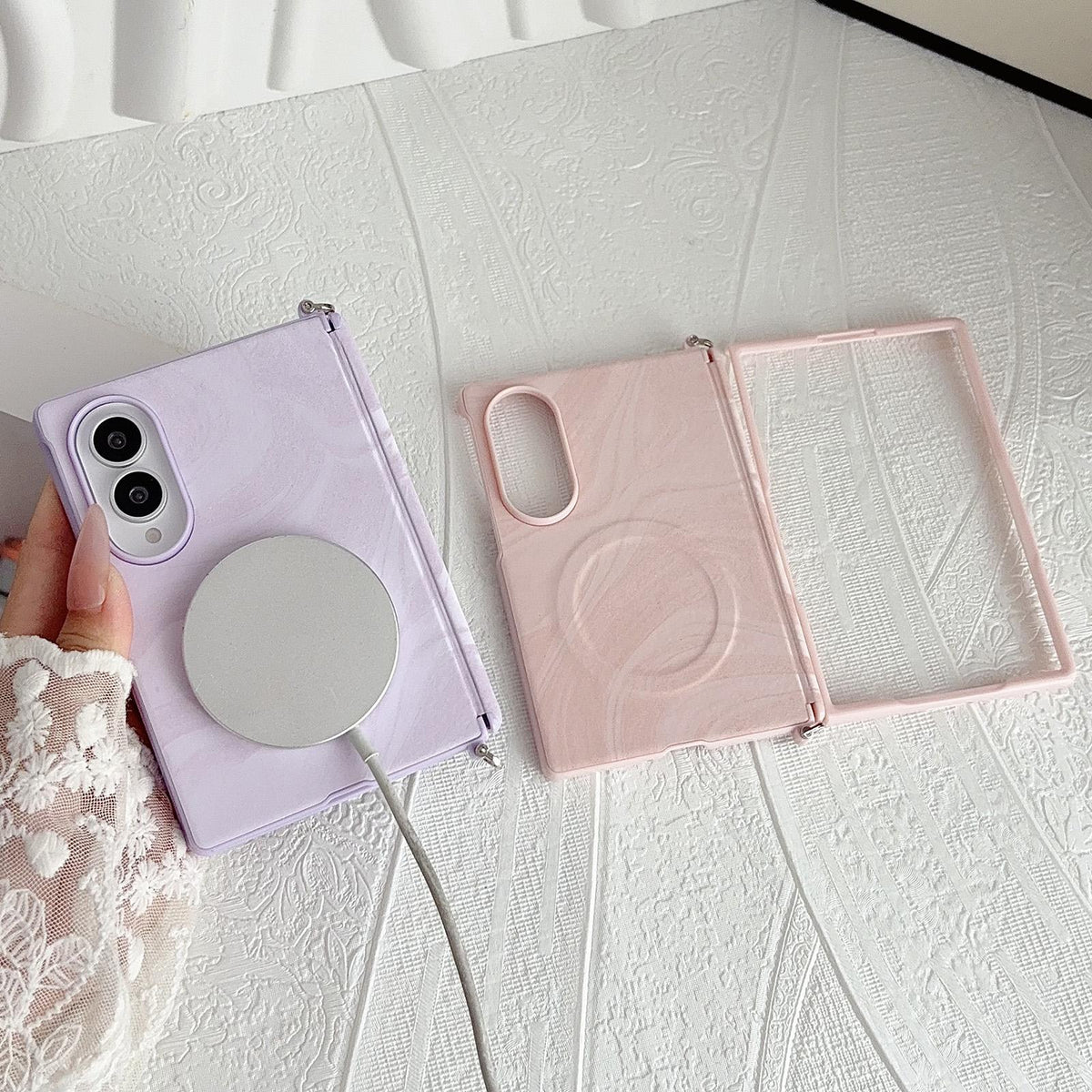 For Galaxy Z Fold8 5G Side Clamp Central Axis Wave Texture Phone Case with Magnetic Ring - Purple - EDA009965101D