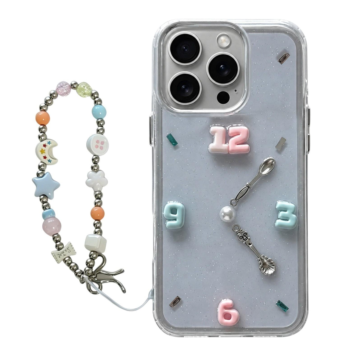 For iPhone 16 Pro Max Creative Clock Design Epoxy Resin Phone Case with Bracelet - Transparent - EDA009966705A