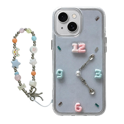 For iPhone 15 Creative Clock Design Epoxy Resin Phone Case with Bracelet - Transparent - EDA009966712A