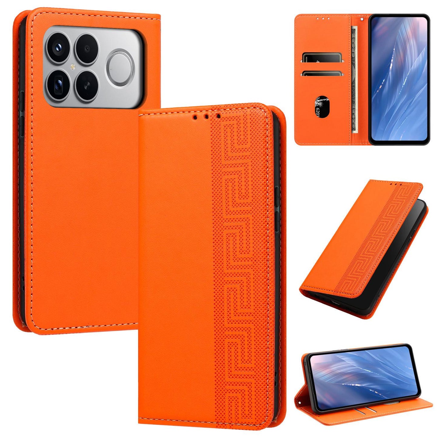 For Redmi K90 Pro Max/Poco F8 Ultra Embossed Meander Pattern RFID Vegan Leather Phone Case(Orange)