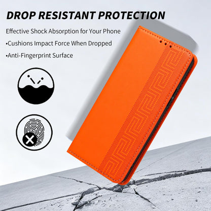 For Redmi K90 Pro Max/Poco F8 Ultra Embossed Meander Pattern RFID Vegan Leather Phone Case(Orange)