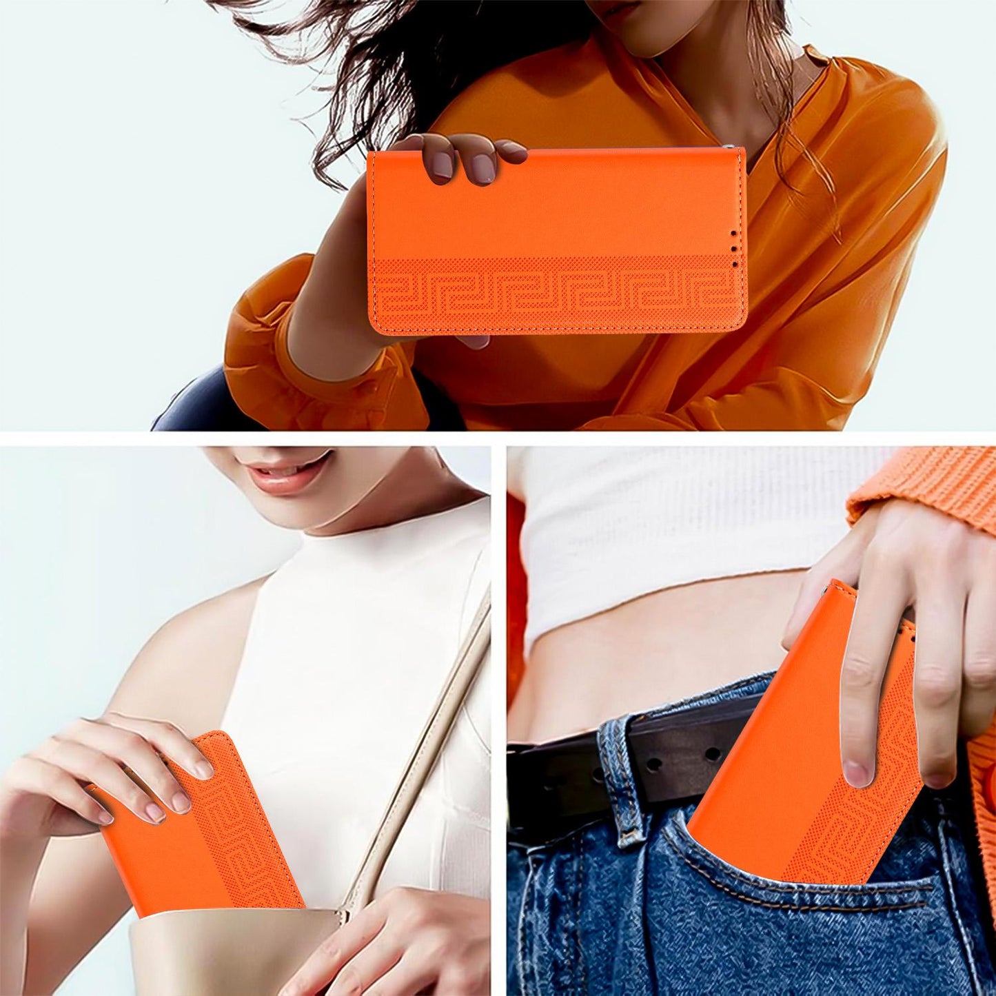 For Redmi K90 Pro Max/Poco F8 Ultra Embossed Meander Pattern RFID Vegan Leather Phone Case(Orange)