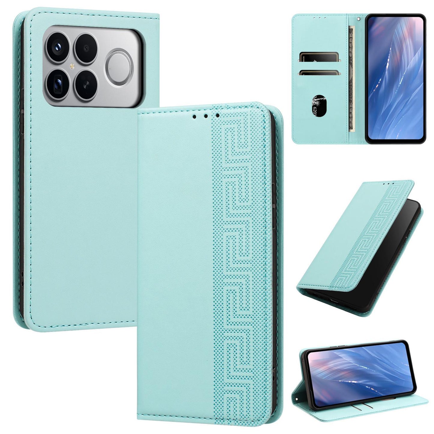 For Redmi K90 Pro Max/Poco F8 Ultra Embossed Meander Pattern RFID Vegan Leather Phone Case(Mint Green)
