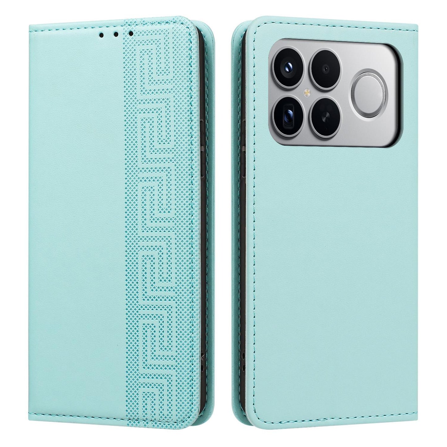 For Redmi K90 Pro Max/Poco F8 Ultra Embossed Meander Pattern RFID Vegan Leather Phone Case(Mint Green)