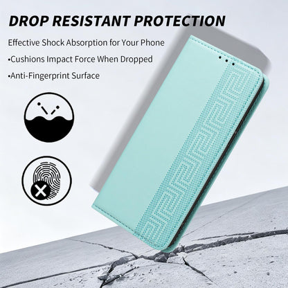 For Redmi K90 Pro Max/Poco F8 Ultra Embossed Meander Pattern RFID Vegan Leather Phone Case(Mint Green)
