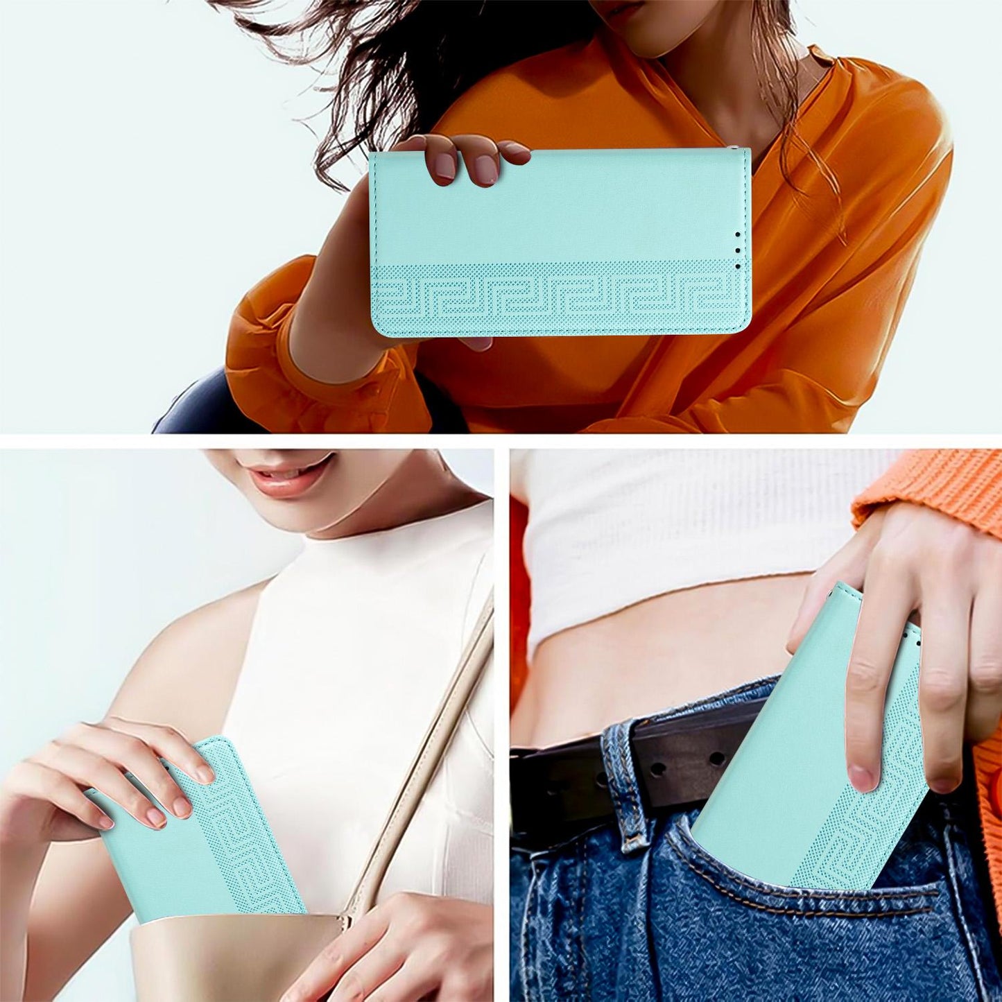 For Redmi K90 Pro Max/Poco F8 Ultra Embossed Meander Pattern RFID Vegan Leather Phone Case(Mint Green)