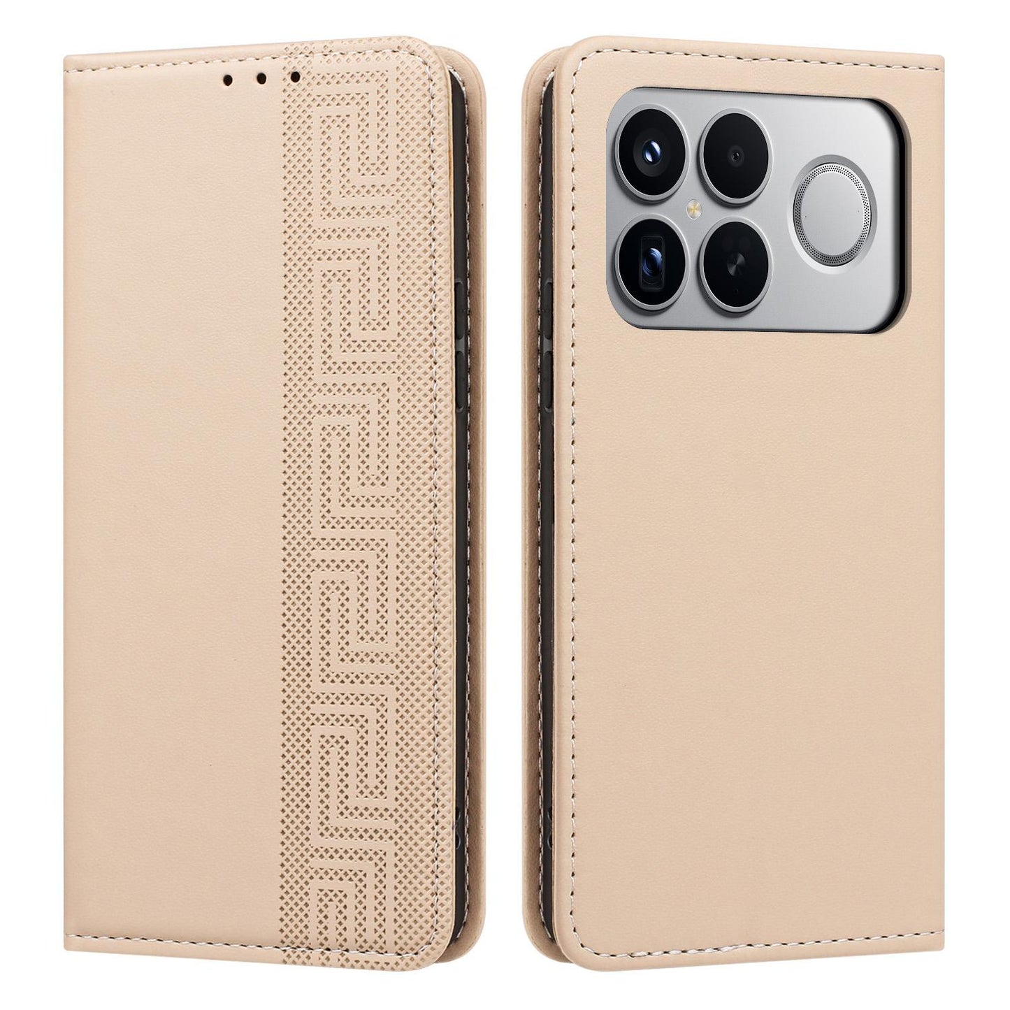 For Redmi K90 Pro Max/Poco F8 Ultra Embossed Meander Pattern RFID Vegan Leather Phone Case(Beige)
