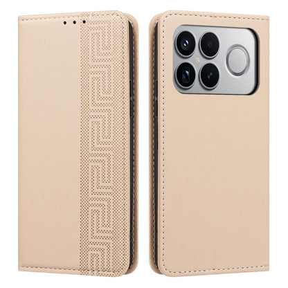 For Redmi K90 Pro Max/Poco F8 Ultra Embossed Meander Pattern RFID Vegan Leather Phone Case(Beige)