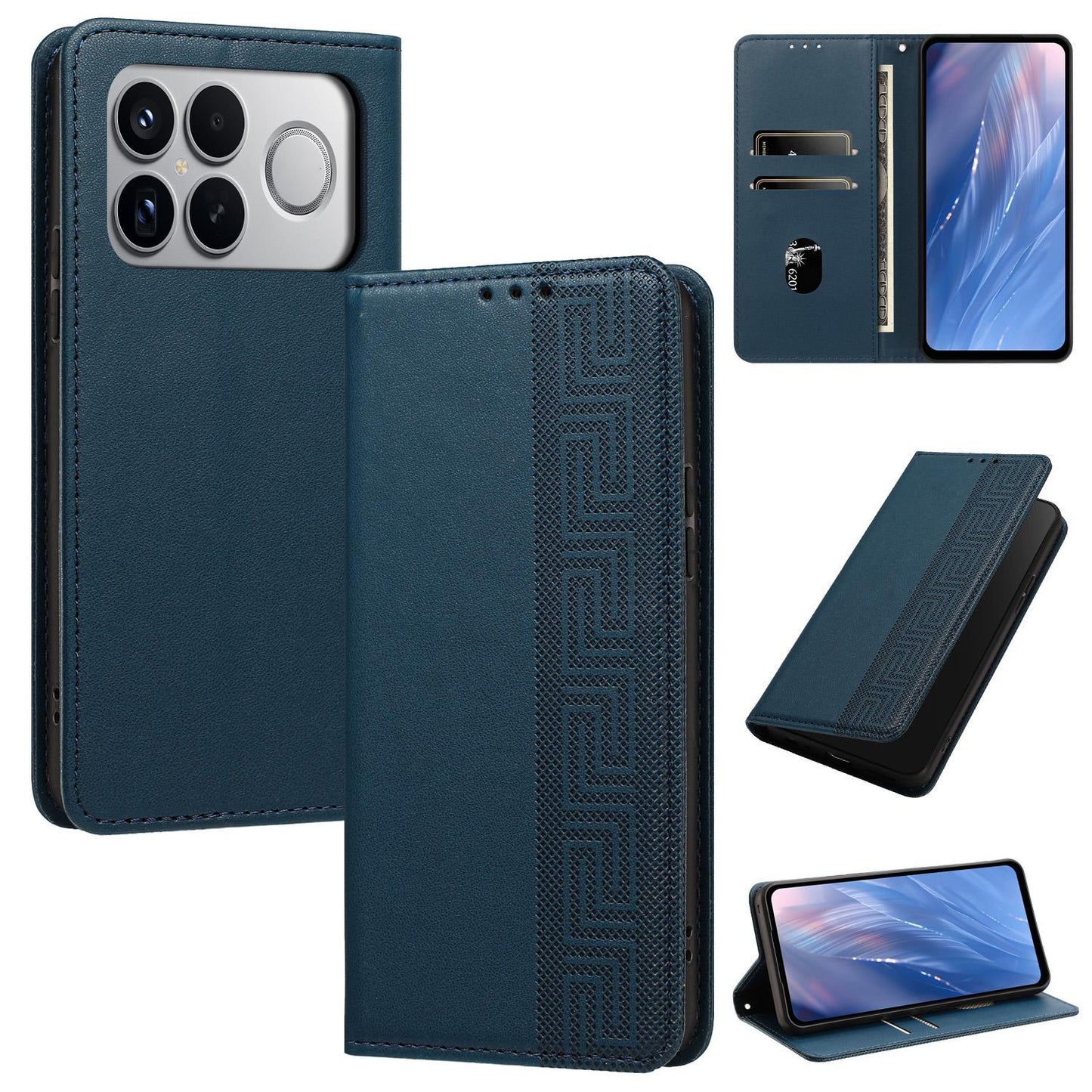 For Redmi K90 Pro Max/Poco F8 Ultra Embossed Meander Pattern RFID Vegan Leather Phone Case(Dark Blue)