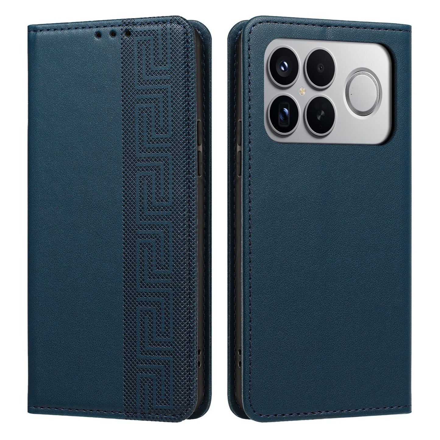 For Redmi K90 Pro Max/Poco F8 Ultra Embossed Meander Pattern RFID Vegan Leather Phone Case(Dark Blue)