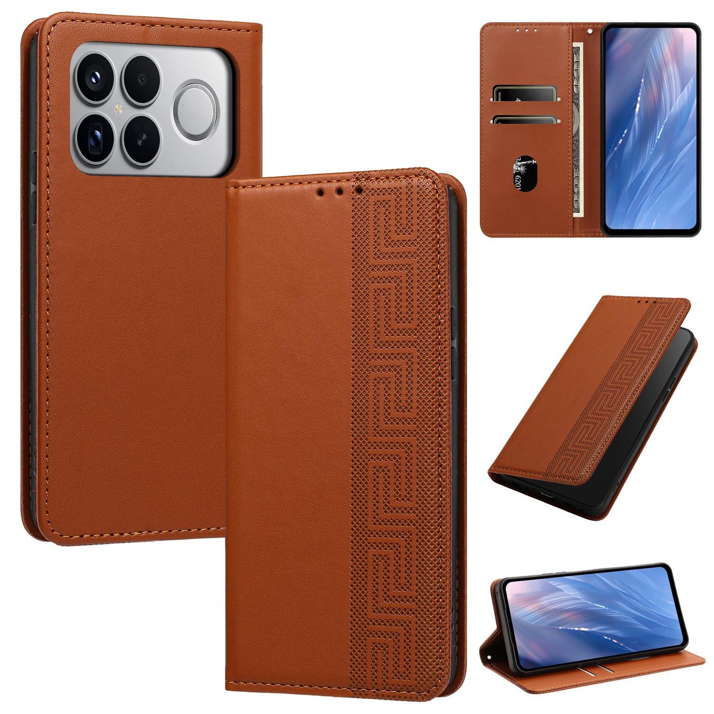 For Redmi K90 Pro Max/Poco F8 Ultra Embossed Meander Pattern RFID Vegan Leather Phone Case(Brown)