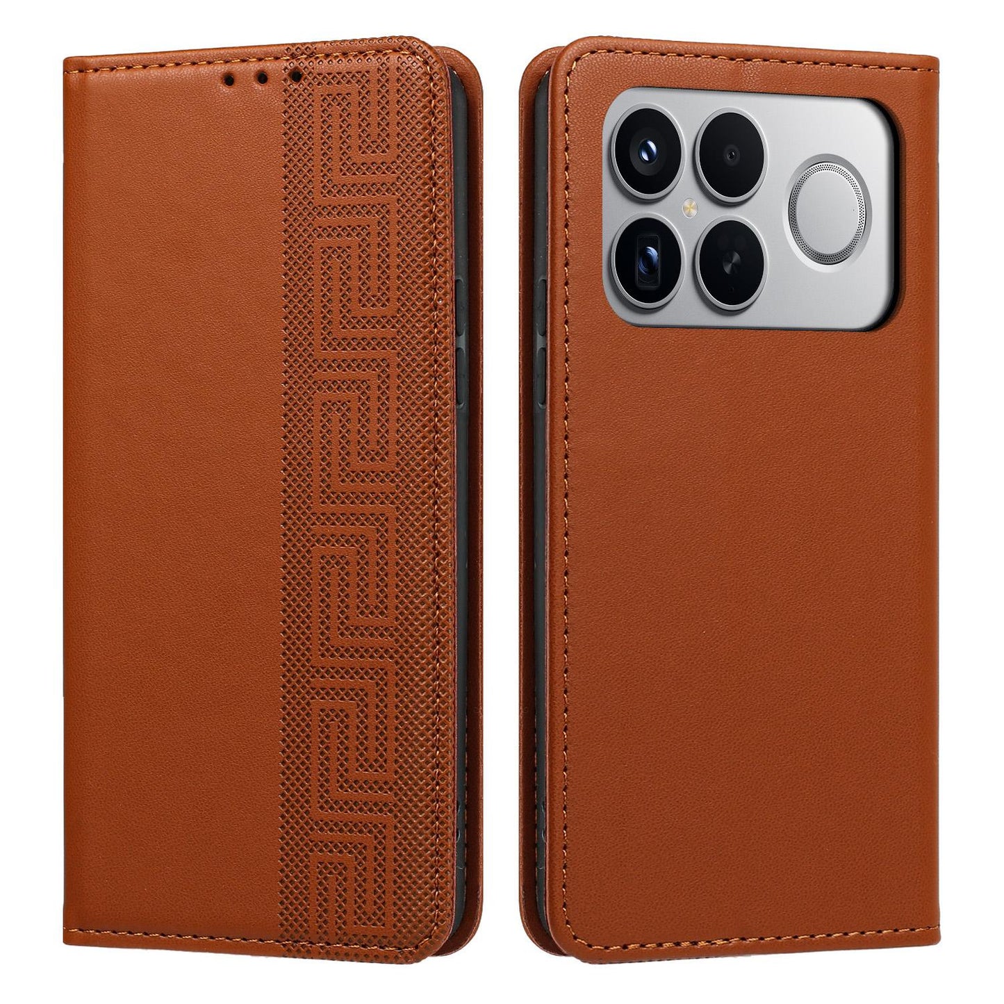 For Redmi K90 Pro Max/Poco F8 Ultra Embossed Meander Pattern RFID Vegan Leather Phone Case(Brown)