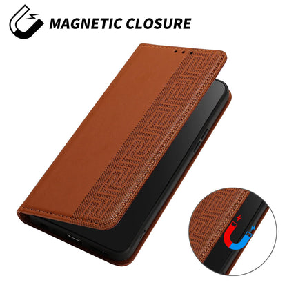 For Redmi K90 Pro Max/Poco F8 Ultra Embossed Meander Pattern RFID Vegan Leather Phone Case(Brown)