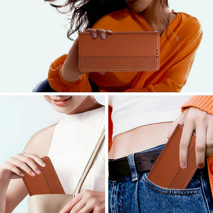 For Redmi K90 Pro Max/Poco F8 Ultra Embossed Meander Pattern RFID Vegan Leather Phone Case(Brown)