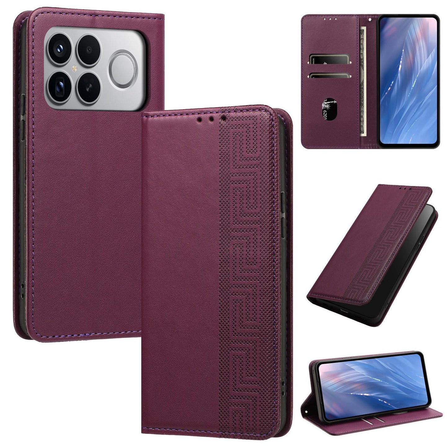 For Redmi K90 Pro Max/Poco F8 Ultra Embossed Meander Pattern RFID Vegan Leather Phone Case(Dark Purple)