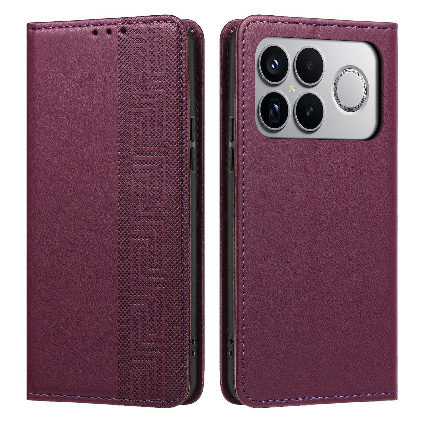 For Redmi K90 Pro Max/Poco F8 Ultra Embossed Meander Pattern RFID Vegan Leather Phone Case(Dark Purple)