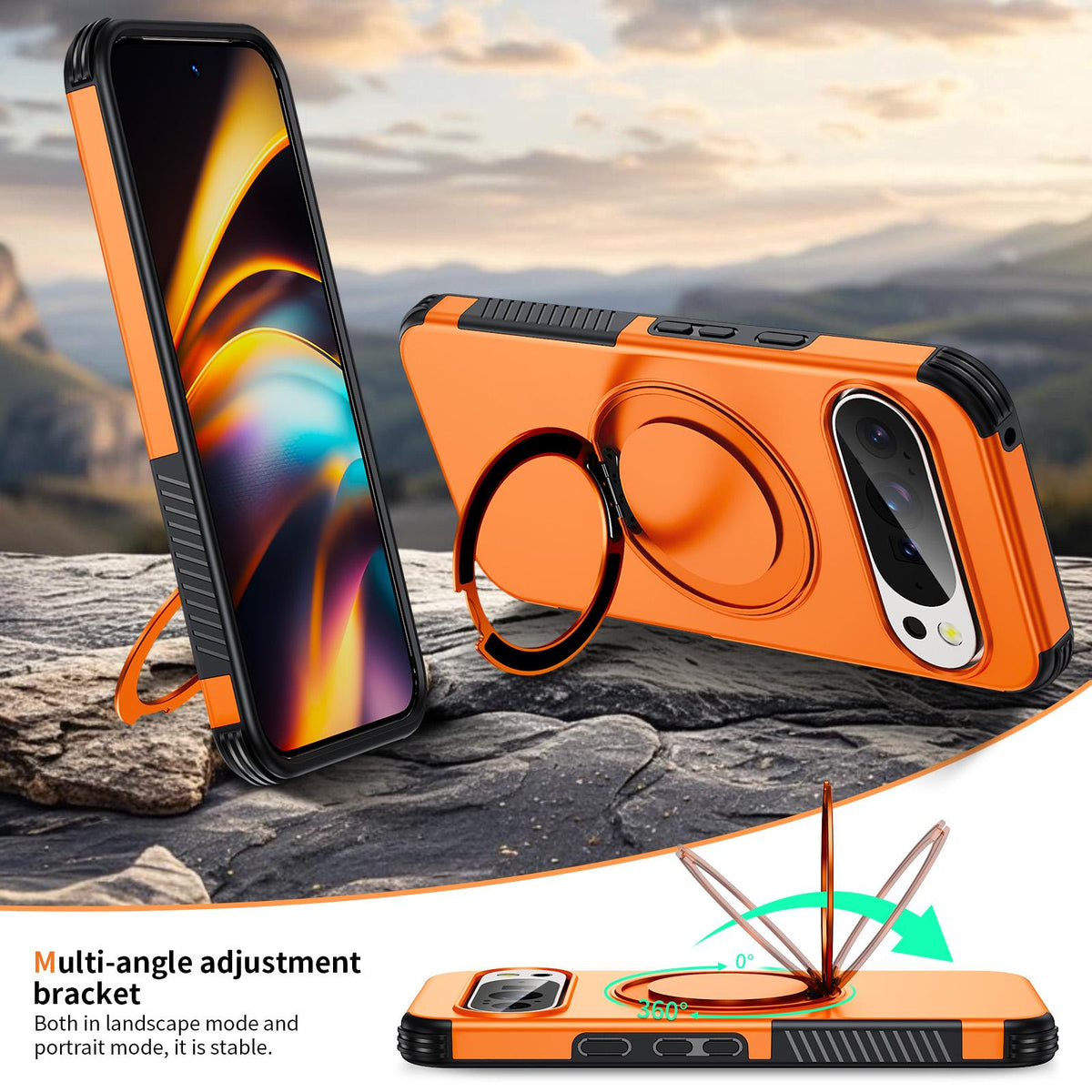 For Google Pixel 11 Pro / 11 / 10 Pro Magnetic 360 Rotating Holder Phone Case - Orange - EDA009967301A