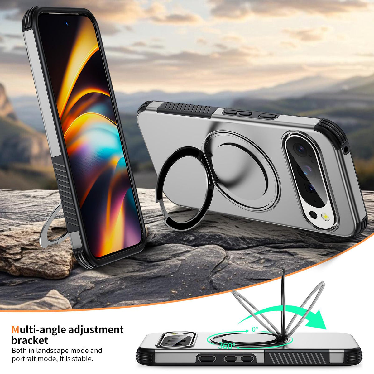 For Google Pixel 11 Pro / 11 / 10 Pro Magnetic 360 Rotating Holder Phone Case - Silver - EDA009967301H