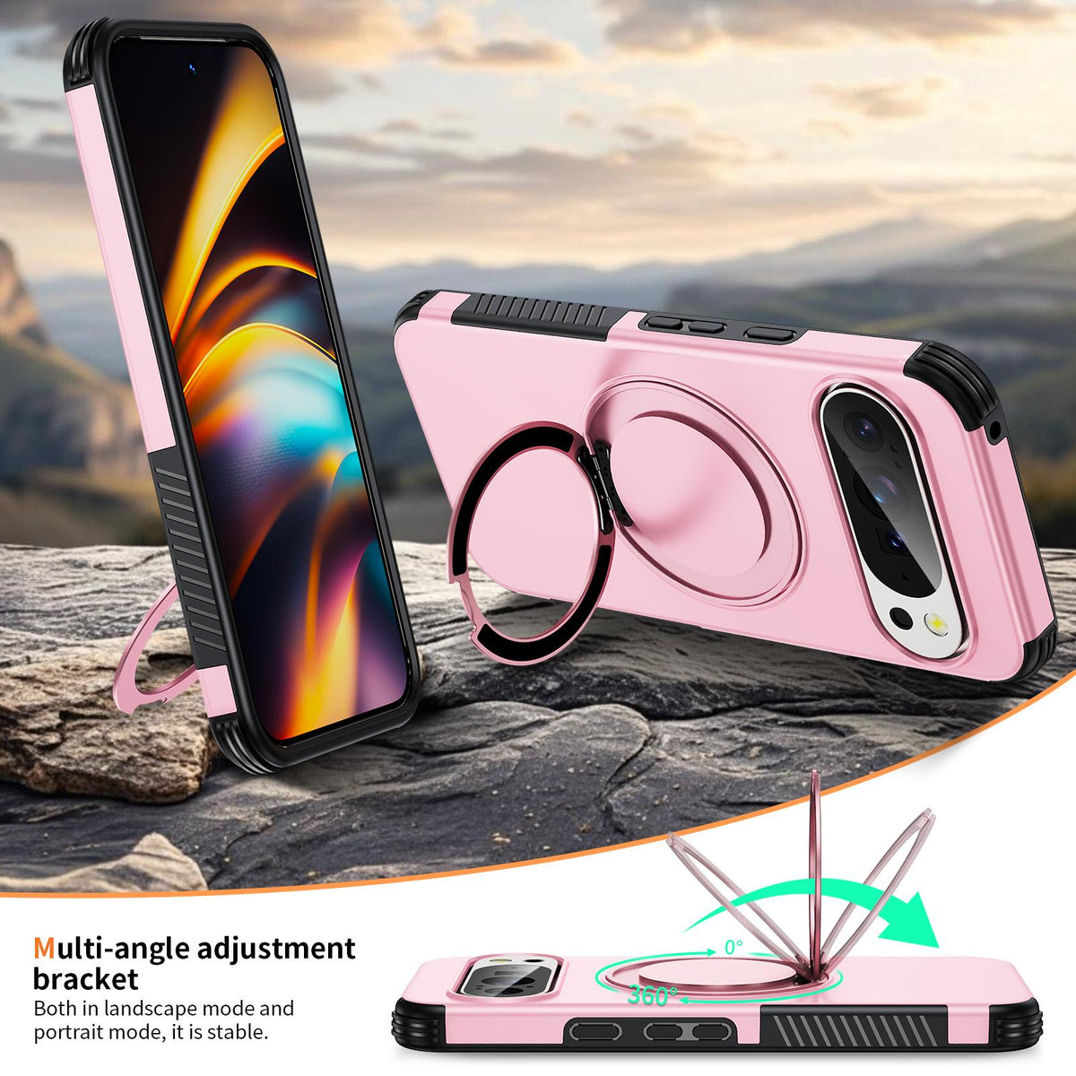 For Google Pixel 11 Pro XL / 10 Pro XL Magnetic 360 Rotating Holder Phone Case - Pink - EDA009967302B