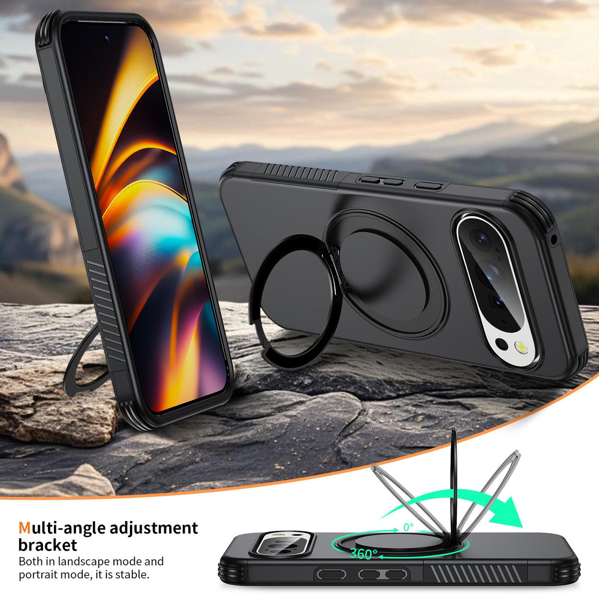 For Google Pixel 11 Pro XL / 10 Pro XL Magnetic 360 Rotating Holder Phone Case - Black - EDA009967302C