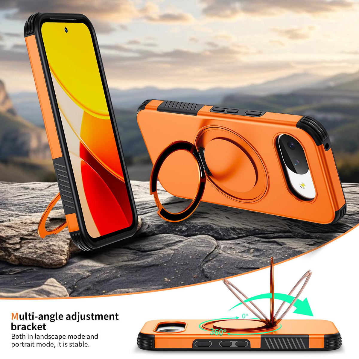 For Google Pixel 10a Magnetic 360 Rotating Holder Phone Case - Orange - EDA009967303A