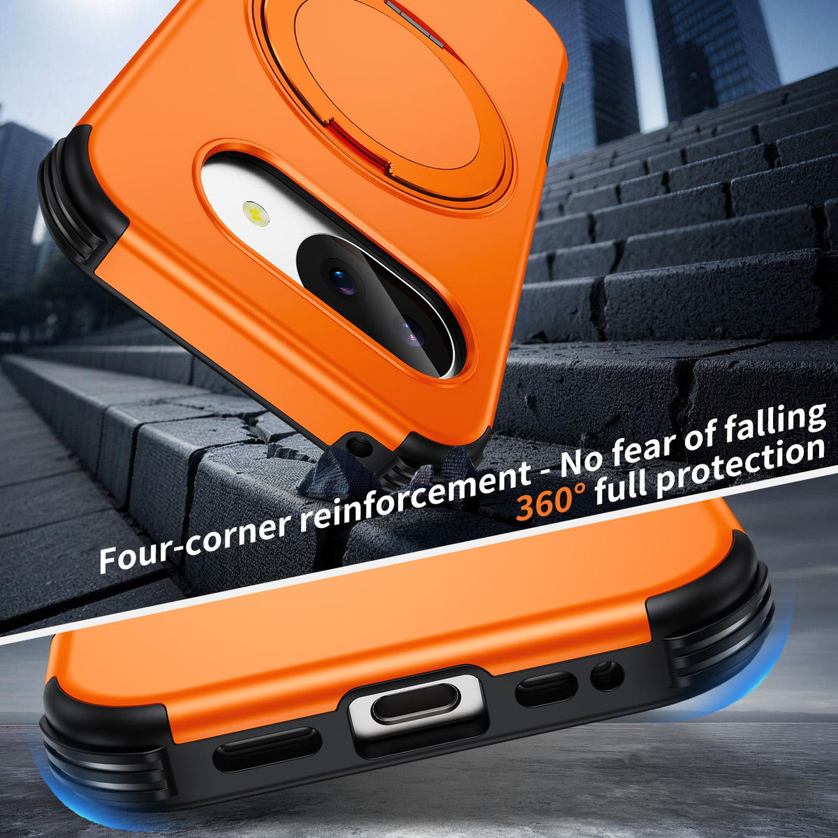 For Google Pixel 10a Magnetic 360 Rotating Holder Phone Case - Orange - EDA009967303A
