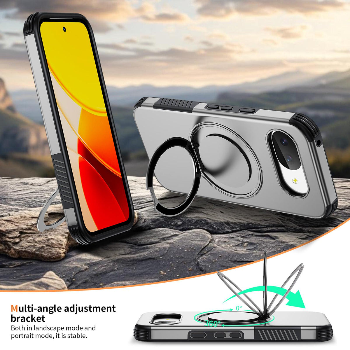 For Google Pixel 10a Magnetic 360 Rotating Holder Phone Case - Silver - EDA009967303H