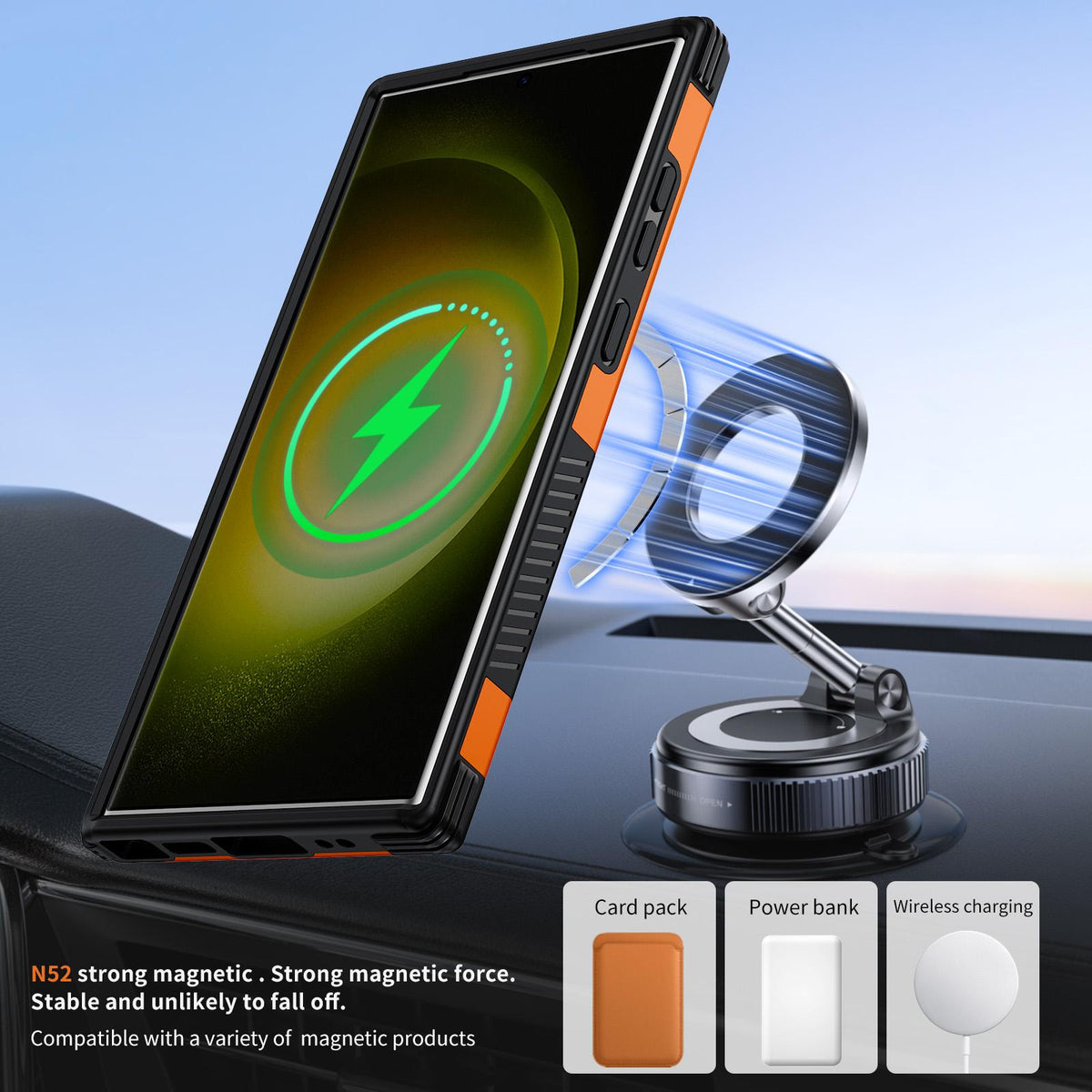 For Galaxy S23 Ultra 5G Magnetic 360 Rotating Holder Phone Case - Orange - EDA009967401A
