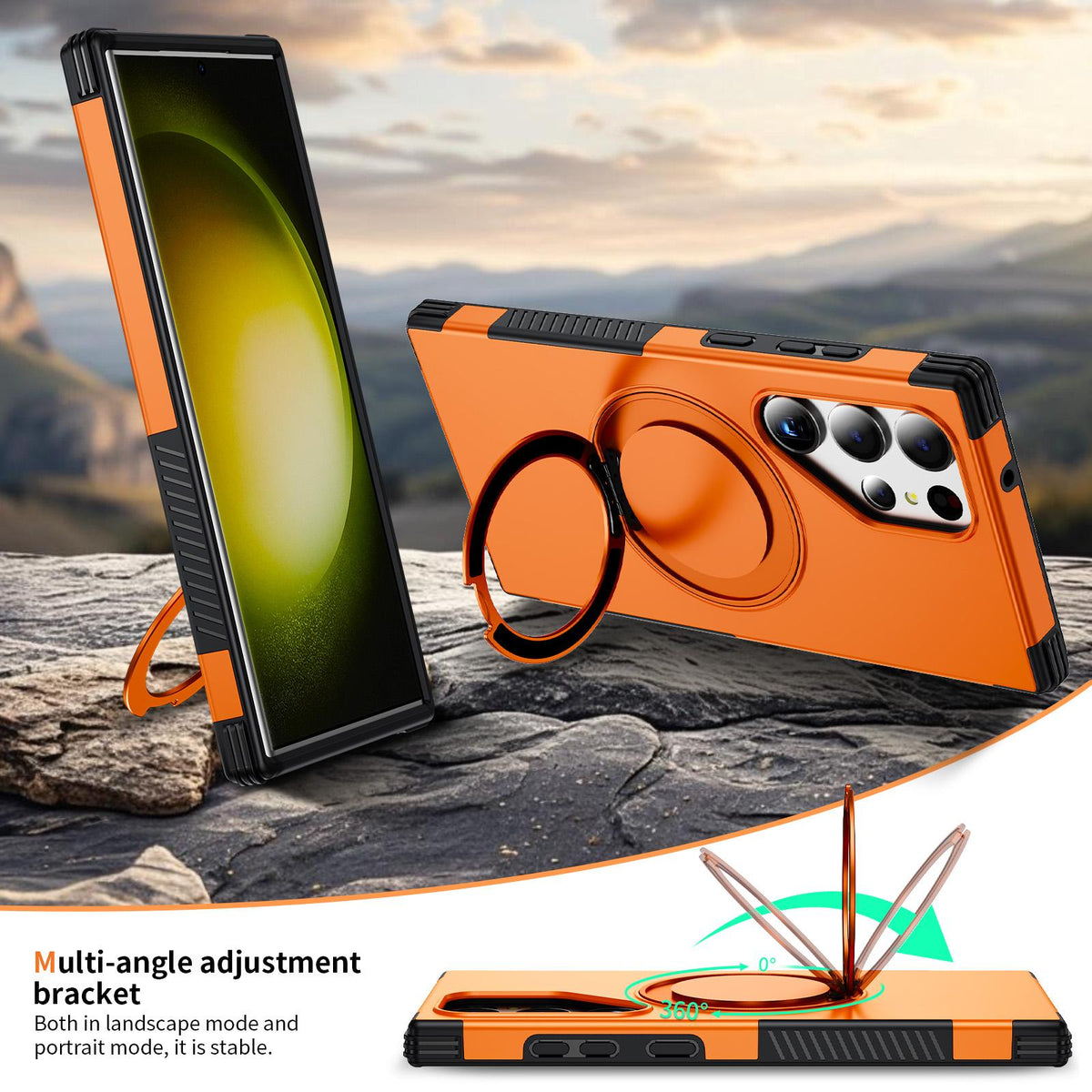 For Galaxy S23 Ultra 5G Magnetic 360 Rotating Holder Phone Case - Orange - EDA009967401A