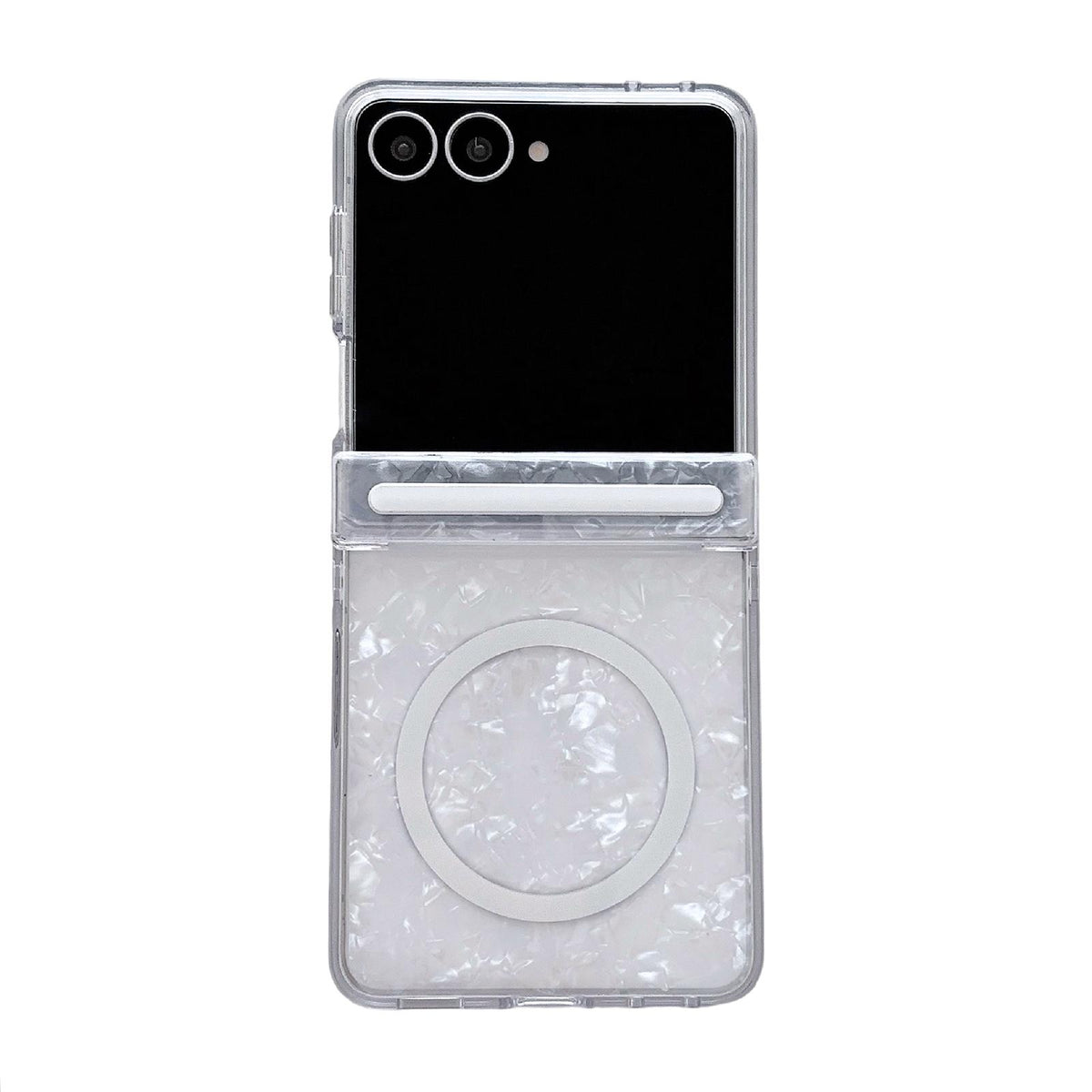 For Galaxy Flip7 5G Side Buckle Axis Pearlescent Shell Texture Magnetic Phone Case - White - EDA009968201A
