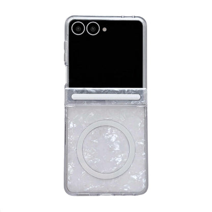 For Galaxy Flip7 5G Side Buckle Axis Pearlescent Shell Texture Magnetic Phone Case - White - EDA009968201A