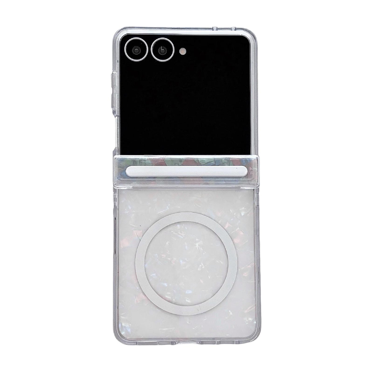 For Galaxy Flip7 5G Side Buckle Axis Pearlescent Shell Texture Magnetic Phone Case - Beige - EDA009968201C