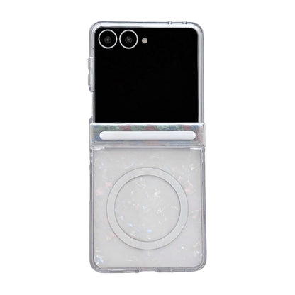 For Galaxy Flip7 5G Side Buckle Axis Pearlescent Shell Texture Magnetic Phone Case - Beige - EDA009968201C