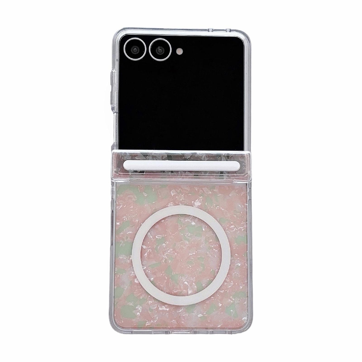 For Galaxy Flip7 5G Side Buckle Axis Pearlescent Shell Texture Magnetic Phone Case - Pink Green - EDA009968201D