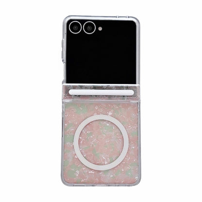 For Galaxy Flip7 5G Side Buckle Axis Pearlescent Shell Texture Magnetic Phone Case - Pink Green - EDA009968201D