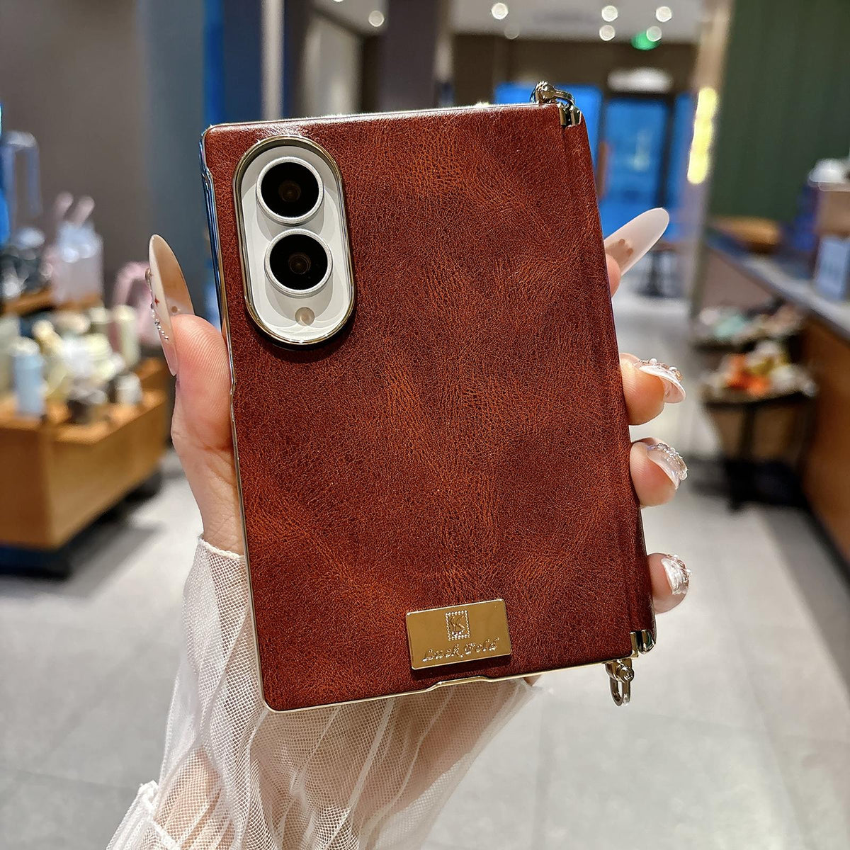For Galaxy Z Fold8 5G Electroplated Side Buckle Axis Magnetic Crazy Horse Pattern Nameplate Phone Case - Dark Brown - EDA009969501A