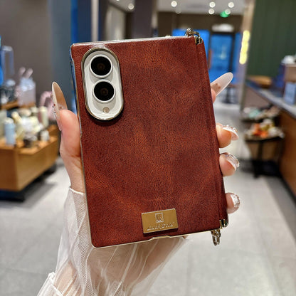 For Galaxy Z Fold8 5G Electroplated Side Buckle Axis Magnetic Crazy Horse Pattern Nameplate Phone Case - Dark Brown - EDA009969501A