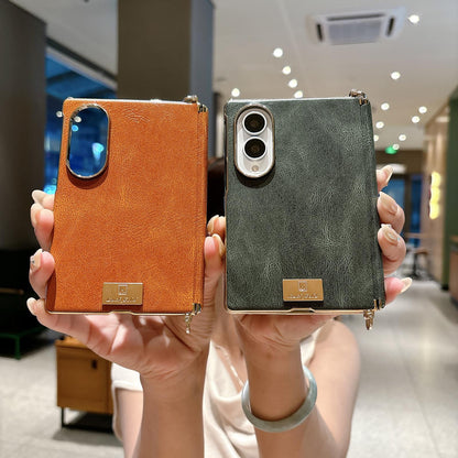 For Galaxy Z Fold8 5G Electroplated Side Buckle Axis Magnetic Crazy Horse Pattern Nameplate Phone Case - Dark Brown - EDA009969501A