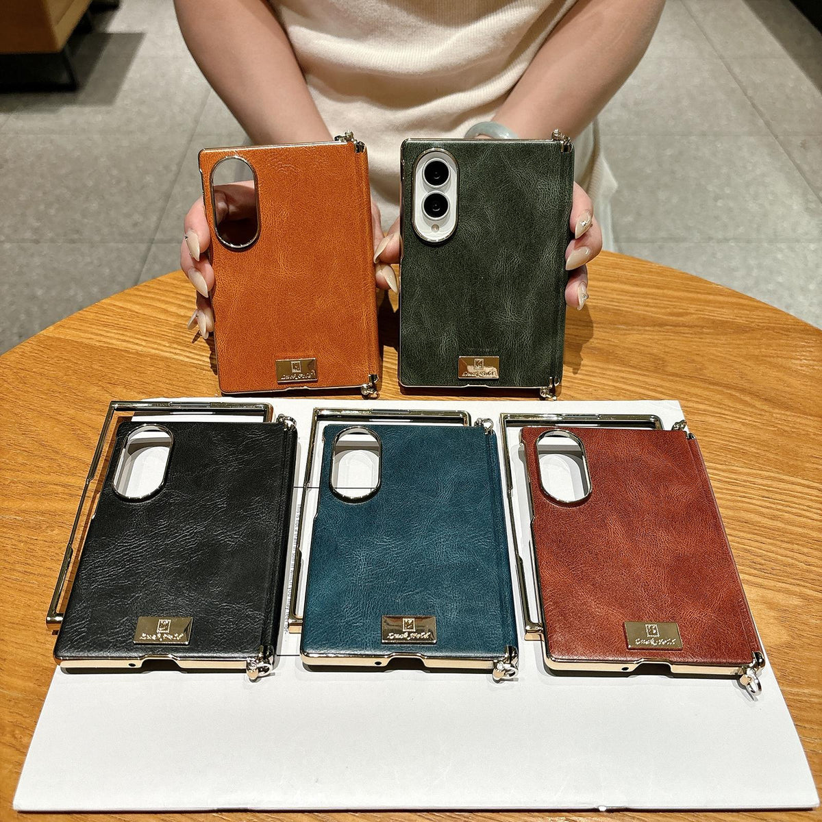 For Galaxy Z Fold8 5G Electroplated Side Buckle Axis Magnetic Crazy Horse Pattern Nameplate Phone Case - Dark Brown - EDA009969501A