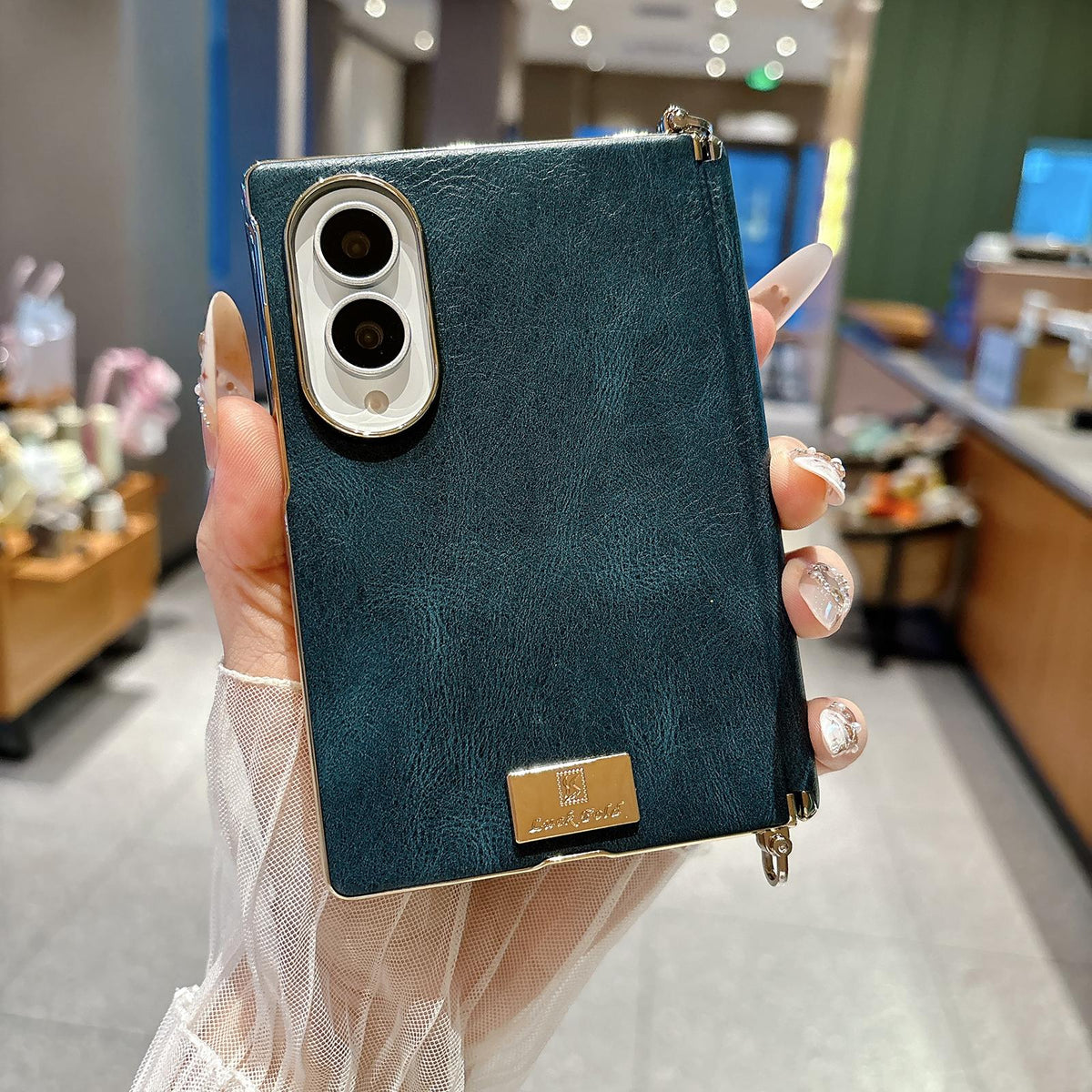 For Galaxy Z Fold8 5G Electroplated Side Buckle Axis Magnetic Crazy Horse Pattern Nameplate Phone Case - Blue - EDA009969501B