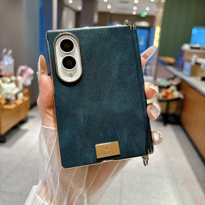For Galaxy Z Fold8 5G Electroplated Side Buckle Axis Magnetic Crazy Horse Pattern Nameplate Phone Case - Blue - EDA009969501B