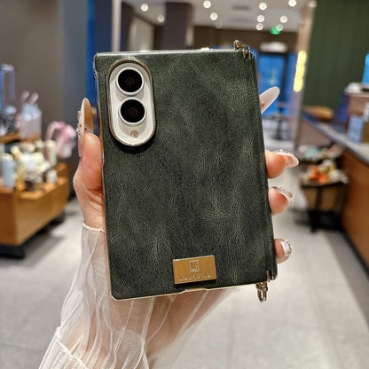 For Galaxy Z Fold8 5G Electroplated Side Buckle Axis Magnetic Crazy Horse Pattern Nameplate Phone Case - Green - EDA009969501C