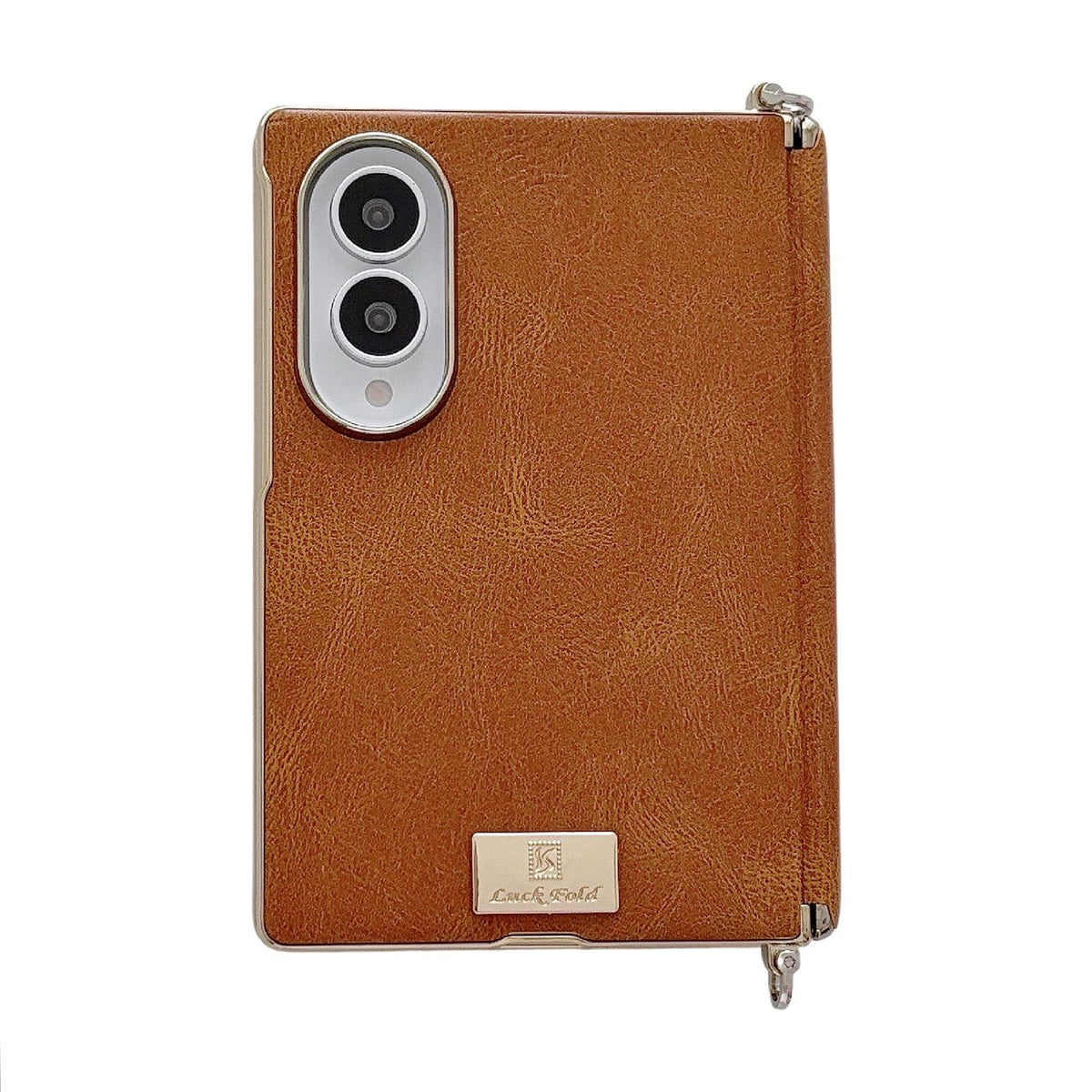 For Galaxy Z Fold8 5G Electroplated Side Buckle Axis Magnetic Crazy Horse Pattern Nameplate Phone Case - Light Brown - EDA009969501D