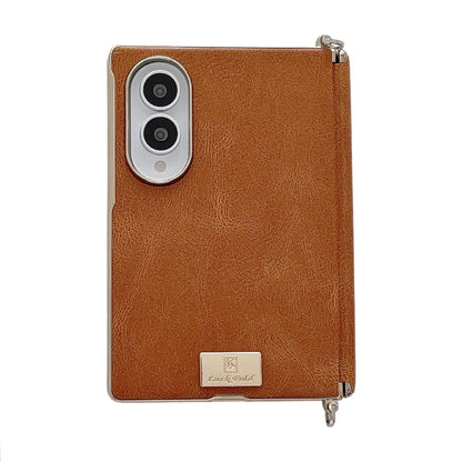 For Galaxy Z Fold8 5G Electroplated Side Buckle Axis Magnetic Crazy Horse Pattern Nameplate Phone Case - Light Brown - EDA009969501D