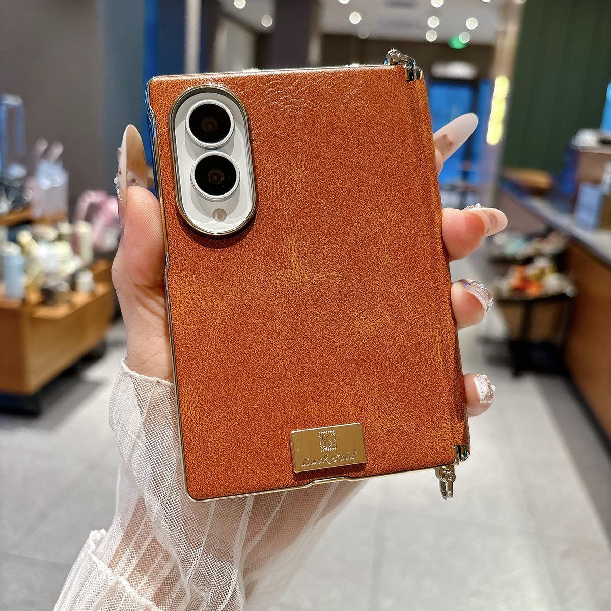 For Galaxy Z Fold8 5G Electroplated Side Buckle Axis Magnetic Crazy Horse Pattern Nameplate Phone Case - Light Brown - EDA009969501D