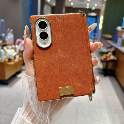 For Galaxy Z Fold8 5G Electroplated Side Buckle Axis Magnetic Crazy Horse Pattern Nameplate Phone Case - Light Brown - EDA009969501D