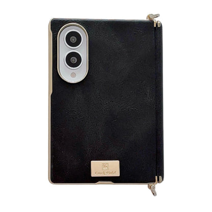 For Galaxy Z Fold8 5G Electroplated Side Buckle Axis Magnetic Crazy Horse Pattern Nameplate Phone Case - Black - EDA009969501E