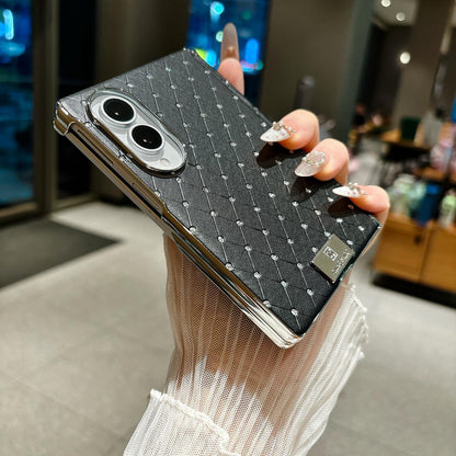 For Galaxy Z Fold8 5G Nameplate Electroplated Central Axis Magnetic Diamond Style Vegan Leather Phone Case - Black - EDA009970501A