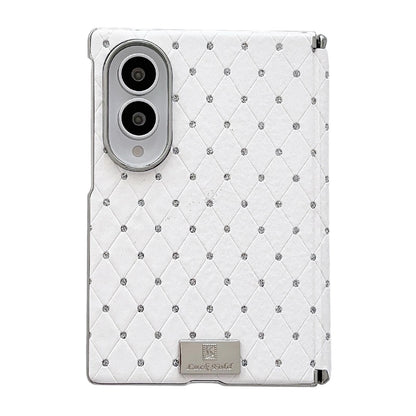 For Galaxy Z Fold8 5G Nameplate Electroplated Central Axis Magnetic Diamond Style Vegan Leather Phone Case - White - EDA009970501B