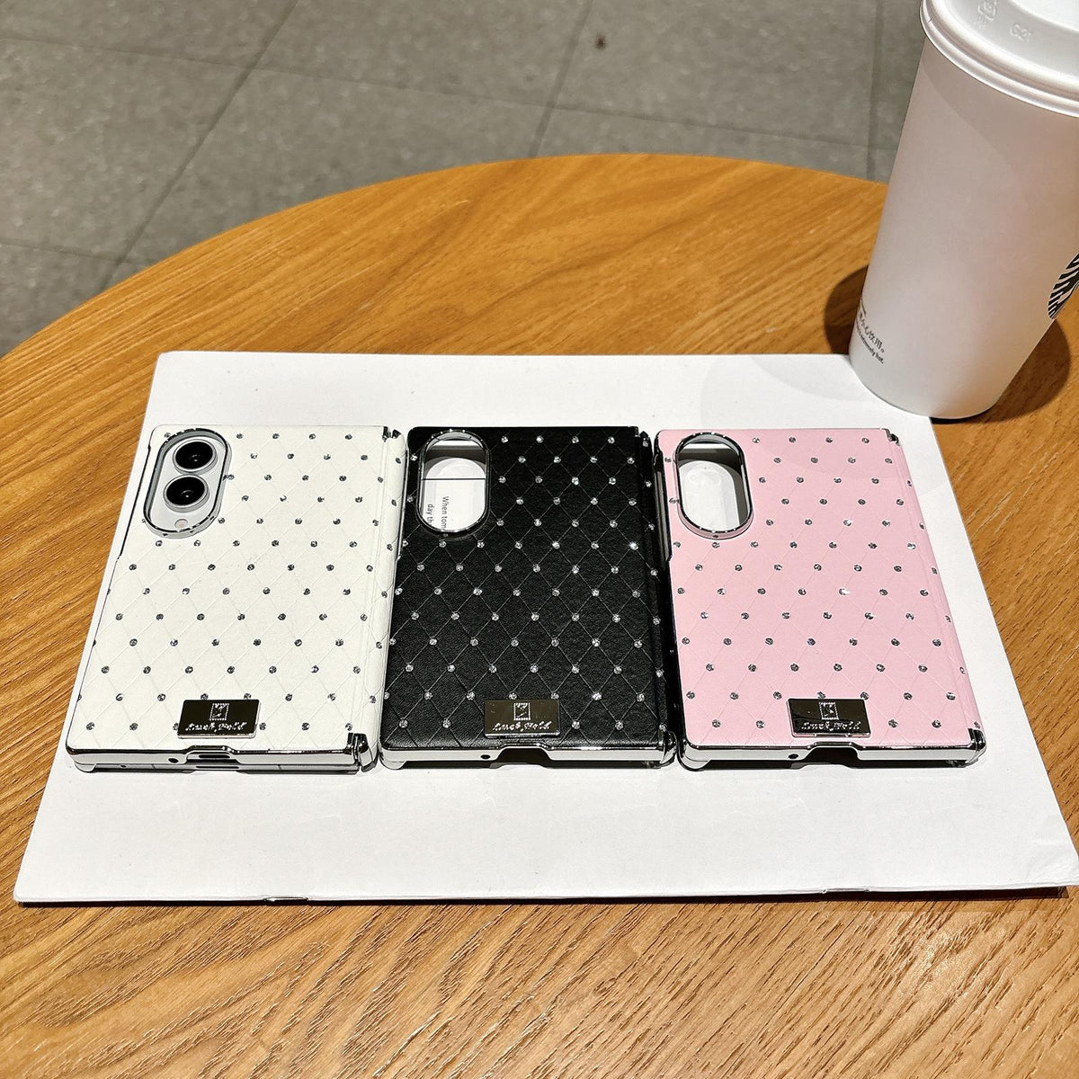 For Galaxy Z Fold8 5G Nameplate Electroplated Central Axis Magnetic Diamond Style Vegan Leather Phone Case - White - EDA009970501B